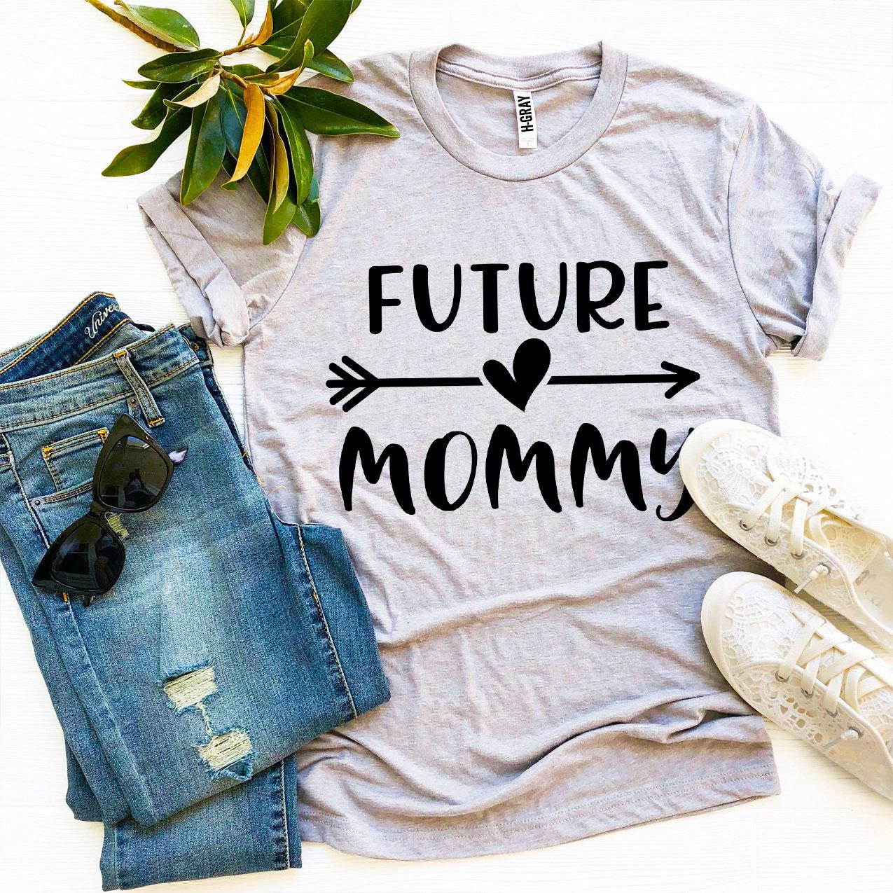 Future Mommy T-shirt made of premium ring spun cotton, featuring a soft textile flex print design, available in various sizes.