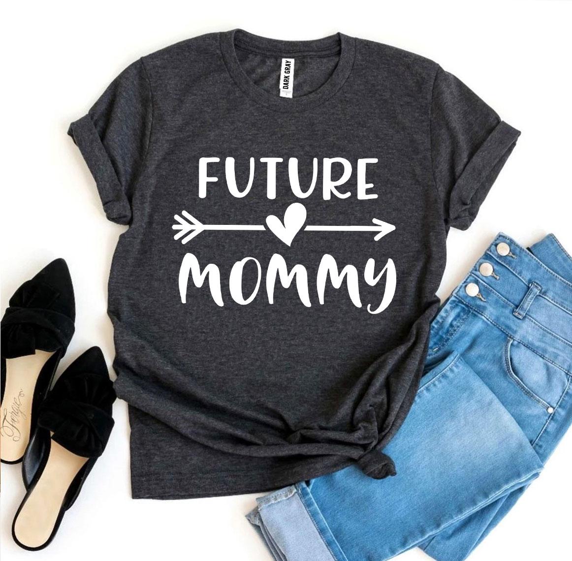 Future Mommy T-shirt made of premium ring spun cotton, featuring a soft textile flex print design, available in various sizes.