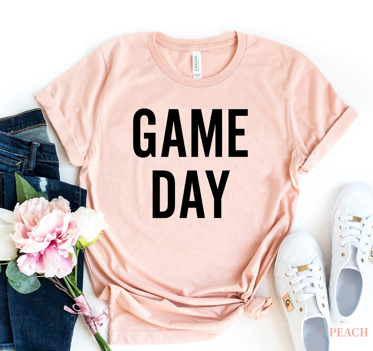 Game Day T-shirt made of premium ring spun cotton with vibrant flex print design, available in various sizes.