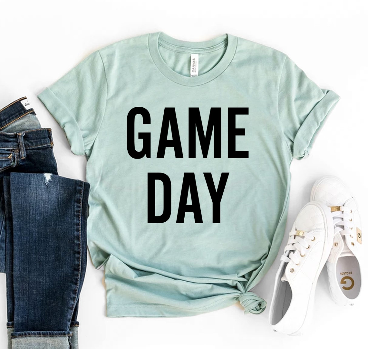 A stylish Game Day T-shirt made of premium ring spun cotton, featuring a vibrant flex print design, available in various sizes.