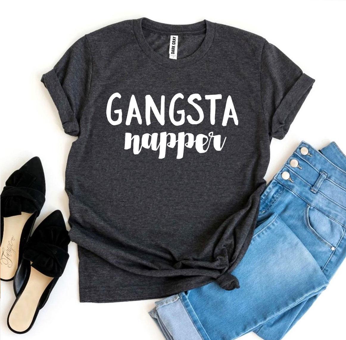 Gangsta Napper T-shirt made of premium ring spun cotton with a stylish flex print design, available in various sizes.