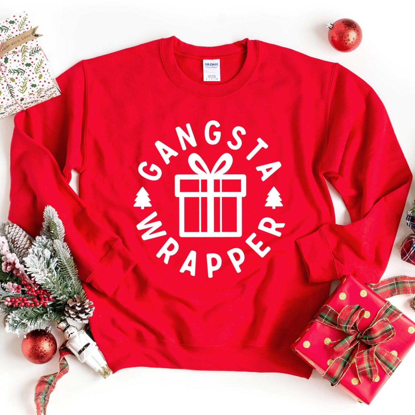 Gangsta Wrapper Christmas Red Sweatshirt featuring a cozy design, perfect for festive occasions, made from a soft cotton-polyester blend.