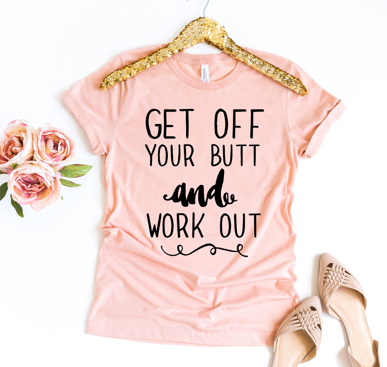 Get Off Your Butt T-shirt made from premium ring spun cotton, featuring a motivational print and available in various sizes.