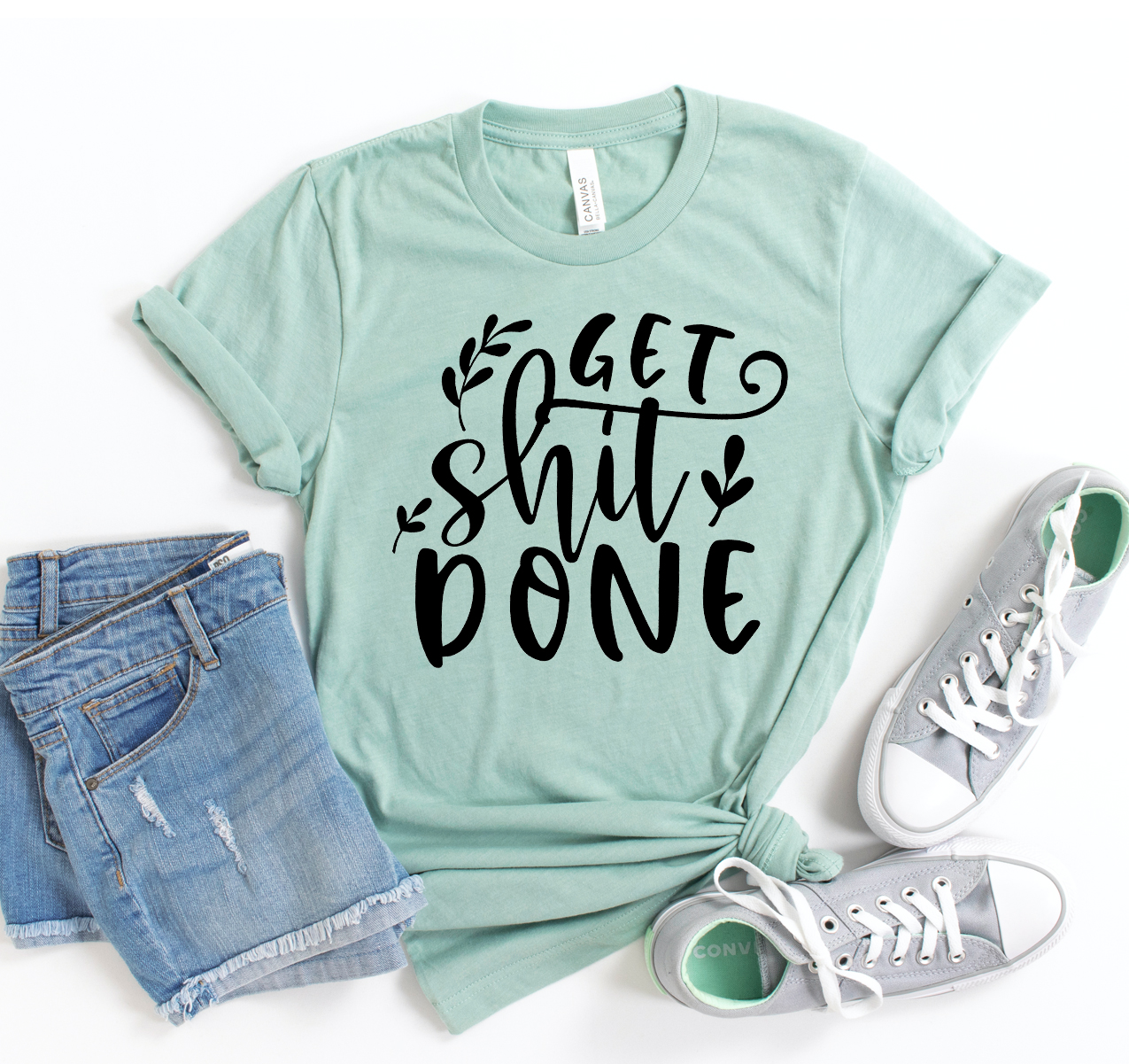 Get Shit Done T-shirt in various sizes, showcasing its unisex design and soft fabric.