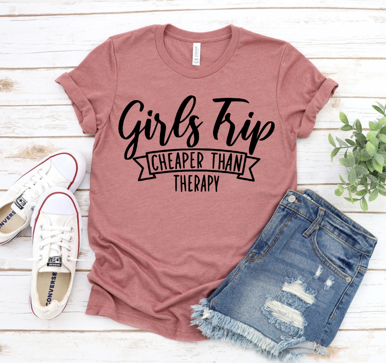 Girls Trip Cheaper Than Therapy T-shirt displayed on a mannequin, showcasing its unisex design and soft fabric.