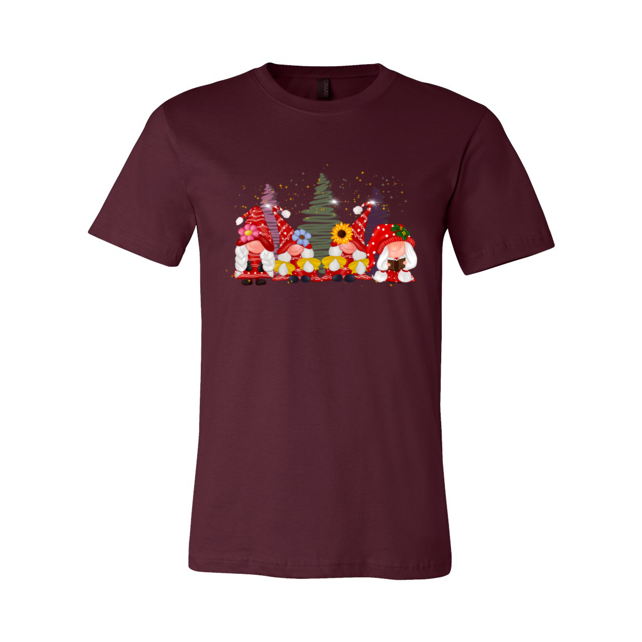 A stylish Gnomes Girl Shirt made from soft ring spun cotton, featuring a vibrant print and available in multiple colors and sizes.