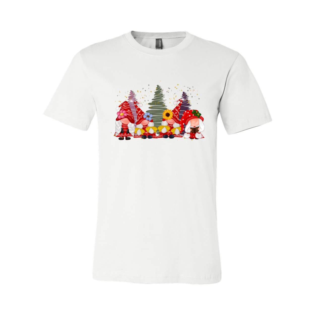 A stylish Gnomes Girl Shirt made from soft ring spun cotton, featuring a vibrant print and available in multiple colors and sizes.