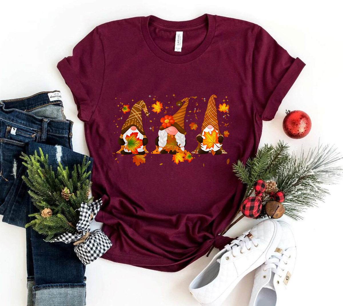 Gnomes Thanksgiving Shirt featuring a festive gnome print, crafted from soft ring spun cotton, available in multiple colors and sizes.