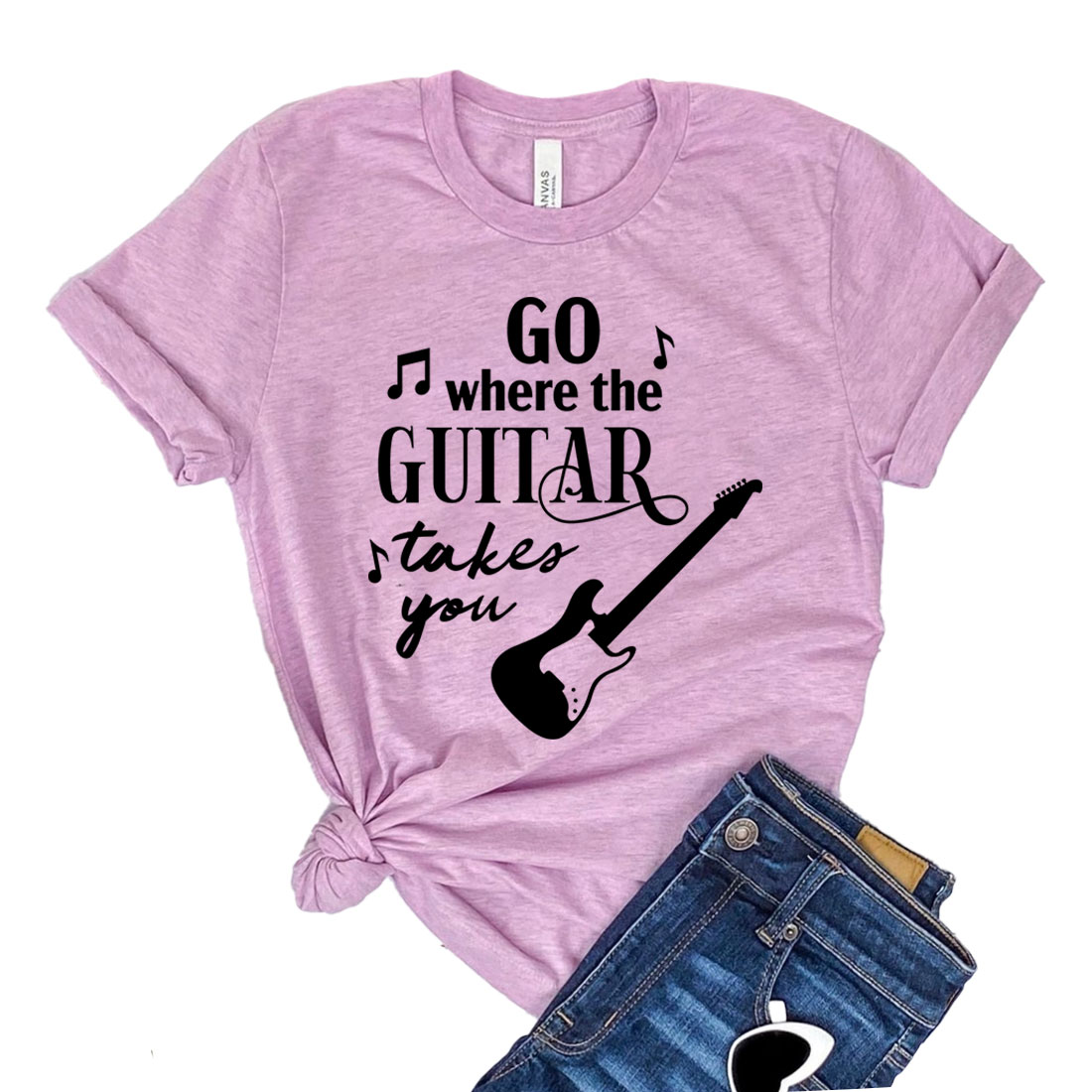 A stylish unisex t-shirt featuring the phrase 'Go Where The Guitar Takes You', made from soft airlume cotton, perfect for music lovers.