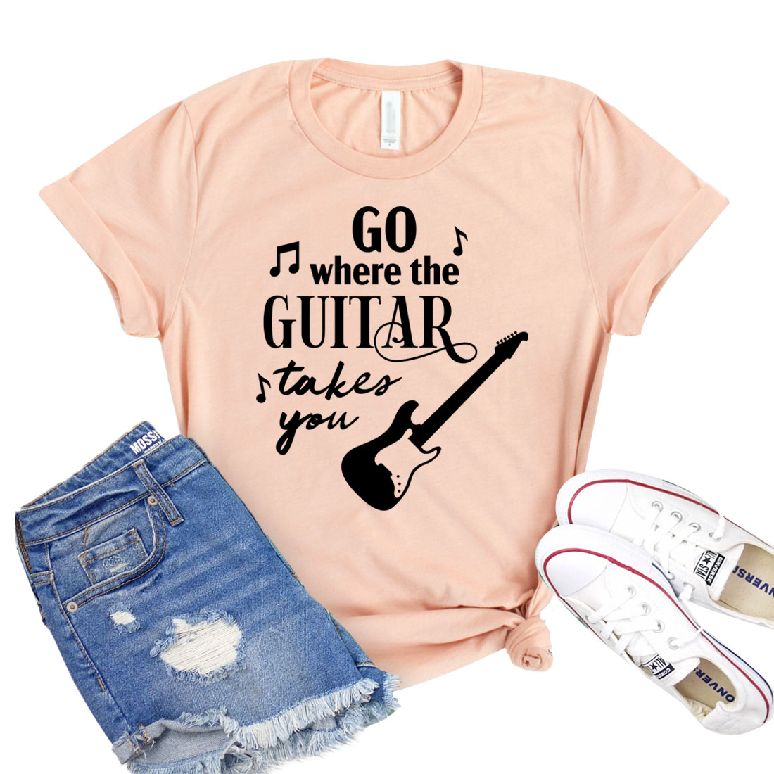 A stylish unisex t-shirt featuring the phrase 'Go Where The Guitar Takes You', made from soft airlume cotton, perfect for music lovers.