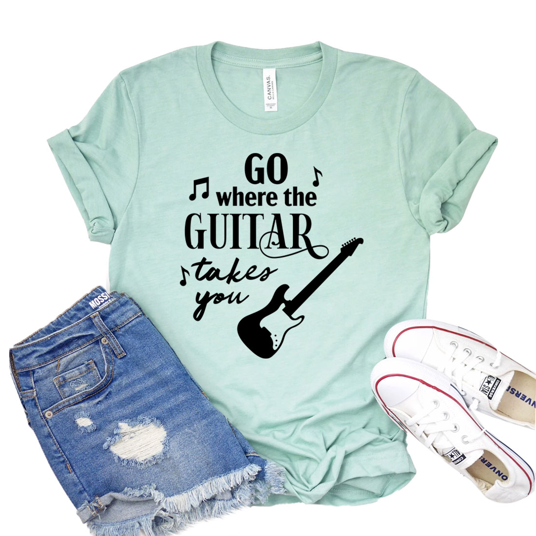 A stylish unisex t-shirt featuring the phrase 'Go Where The Guitar Takes You', made from soft airlume cotton, perfect for music lovers.