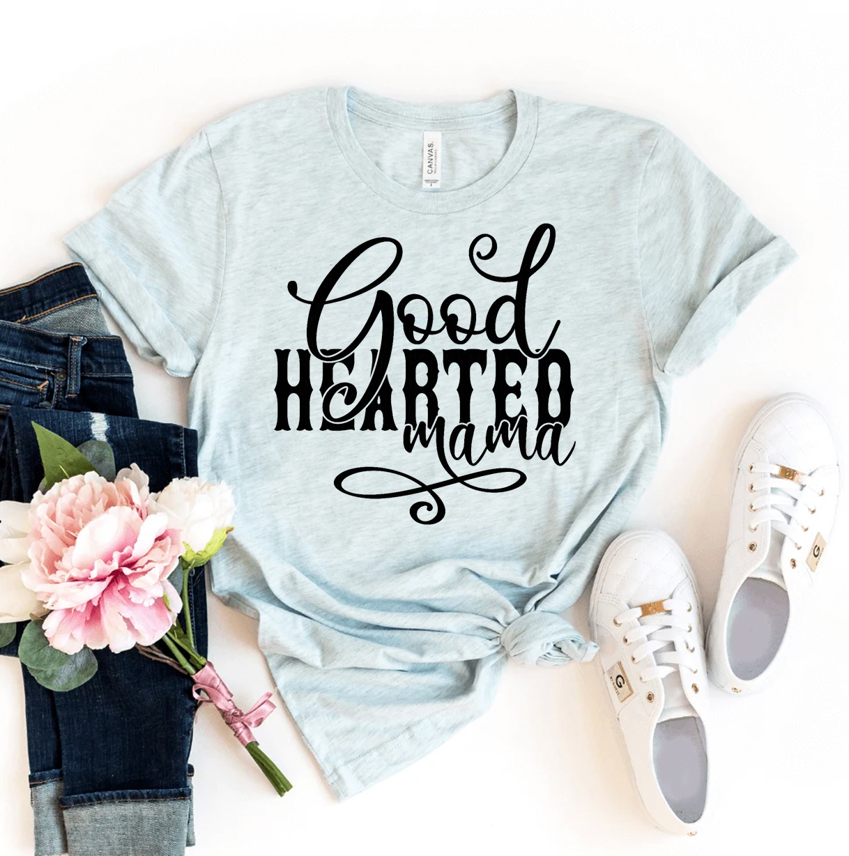 Good Hearted Mama T-shirt made from premium ring spun cotton, featuring a vibrant flex print design.