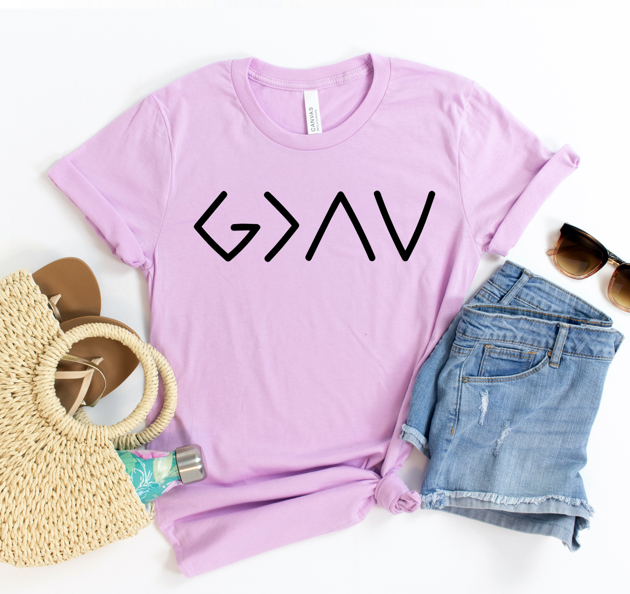 God Is Greater T-shirt featuring a bold inspirational message on a soft, unisex Bella Canvas tee.