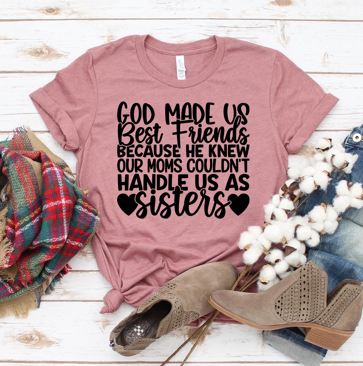 God Made Us Best Friends T-shirt in various sizes, showcasing its soft cotton fabric and vibrant print design.