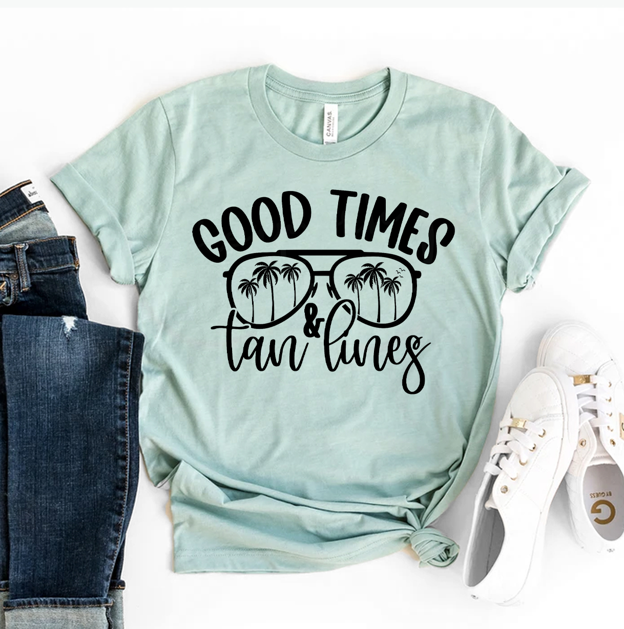 Good Times & Tan Lines T-shirt made of premium ring spun cotton with vibrant flex print design.