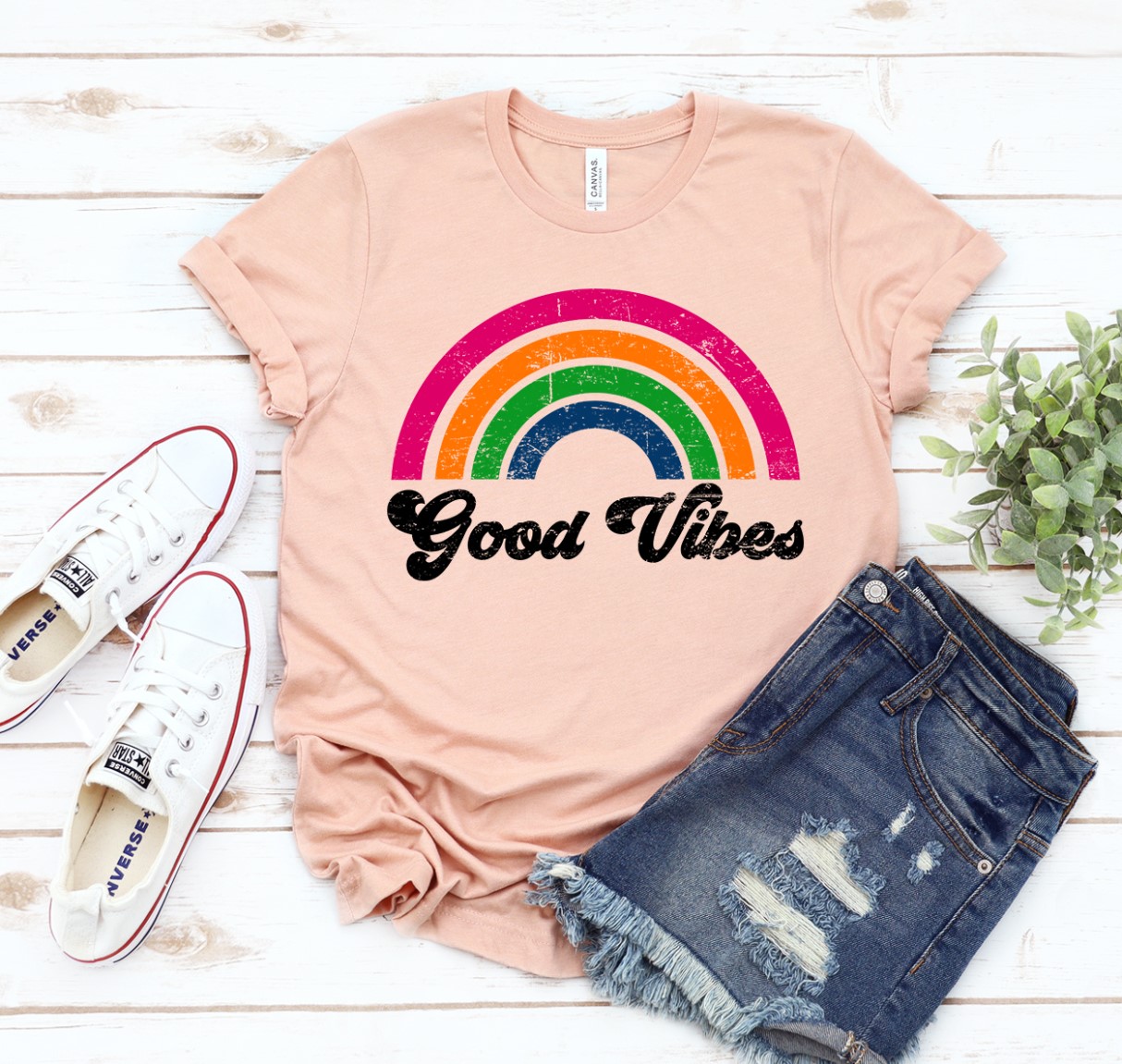 Good Vibes T-shirt made of premium ring spun cotton with a stylish flex print design, available in various sizes.