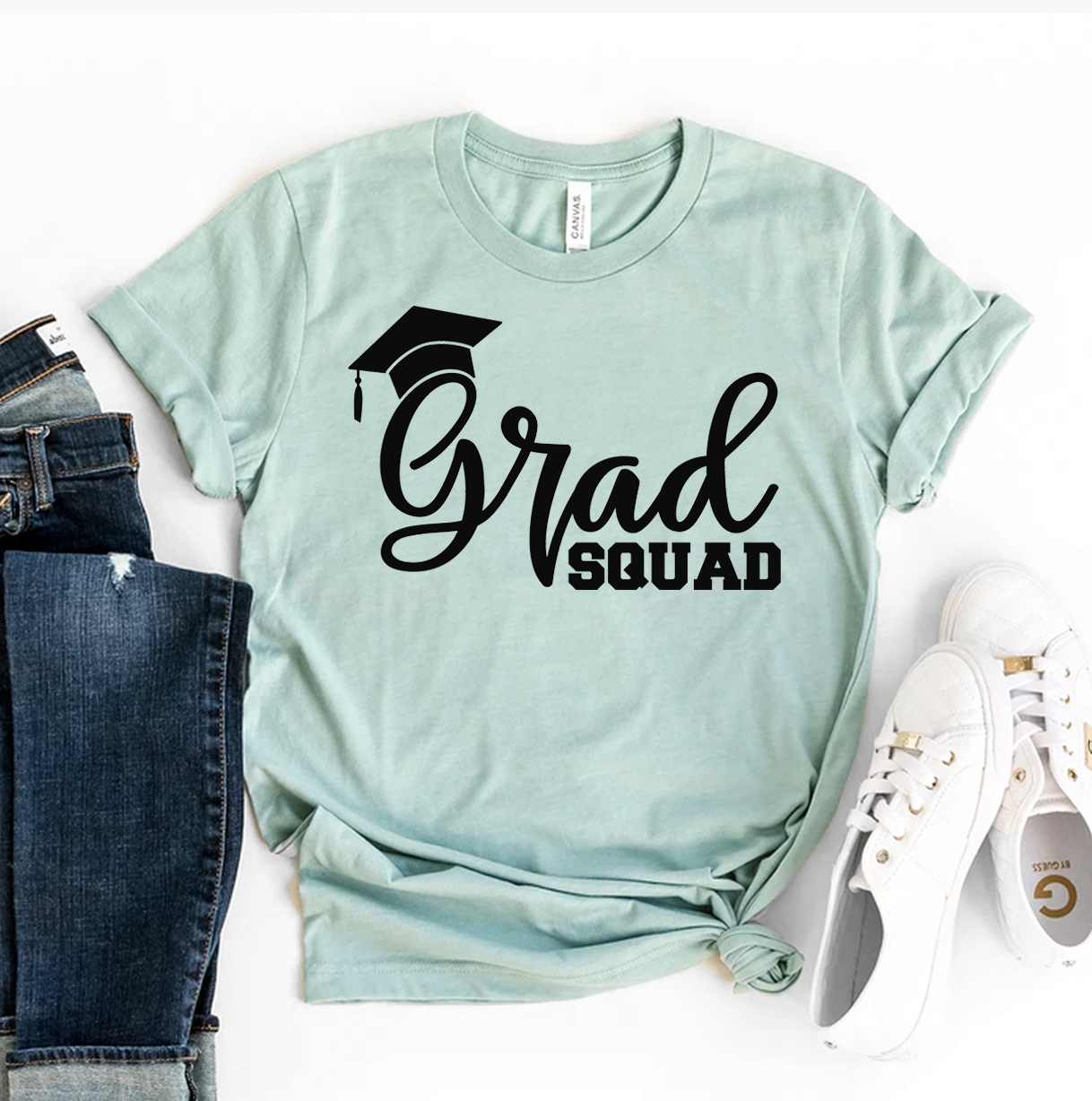 Grad Squad T-shirt made of premium ring spun cotton, featuring a soft textile flex print design, available in various sizes.