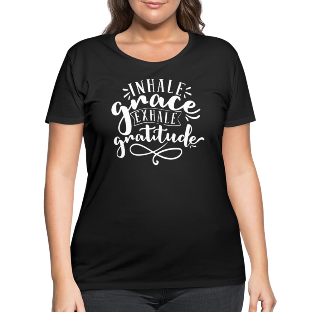 Curvy women's graphic tee featuring 'Inhale Grace Exhale Gratitude' design, made from soft cotton for comfort and style.