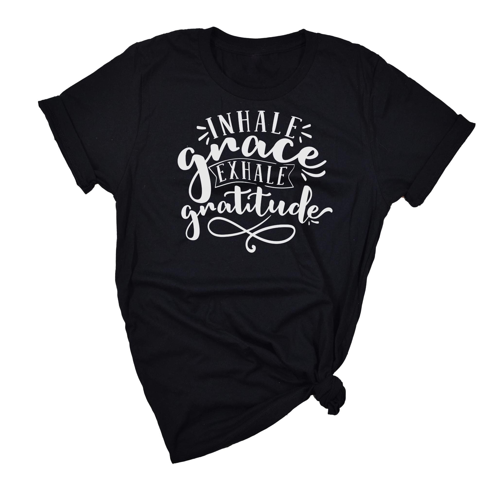 Curvy women's graphic tee featuring 'Inhale Grace Exhale Gratitude' design, made from soft cotton for comfort and style.