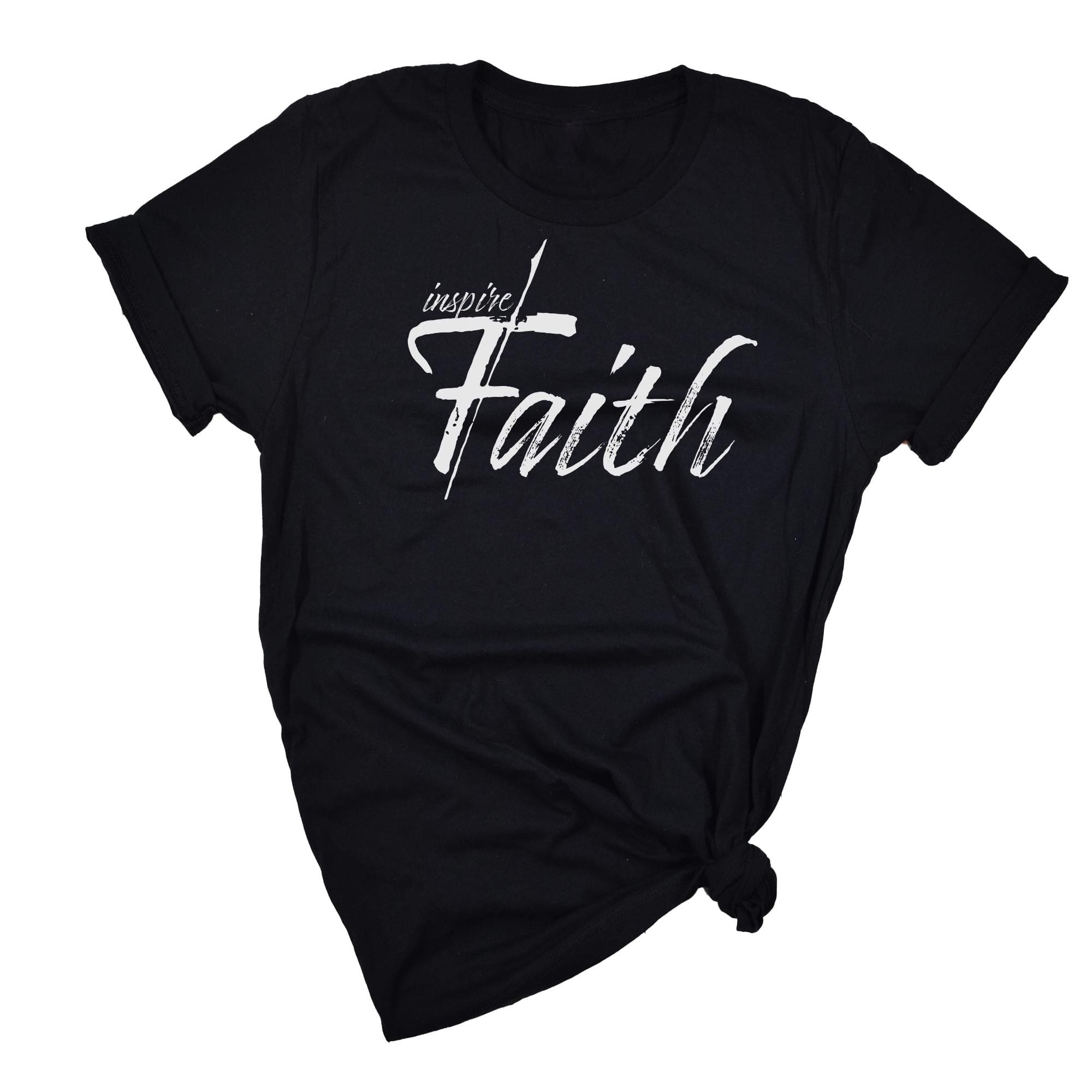 A plus-size women's graphic tee featuring the phrase 'Inspire Faith', made from soft cotton fabric, available in various colors.