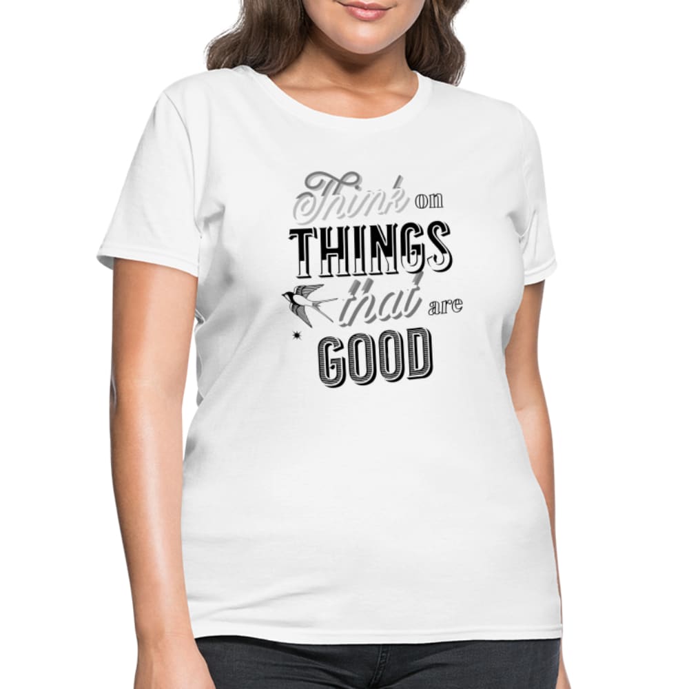 A stylish Women's Curvy Graphic Tee featuring the phrase 'Think on Things that are Good', designed for full-figured ladies in a soft cotton fabric.