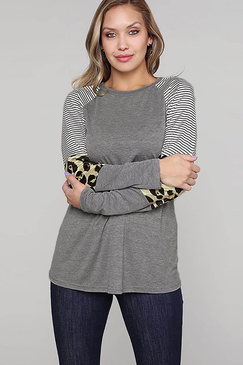 Gray Striped and Leopard Color Block Long Sleeves Top featuring a stylish design with a rounded neckline and playful sleeve patterns.