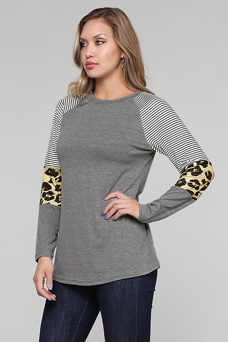 Gray Striped and Leopard Color Block Long Sleeves Top featuring a stylish design with a rounded neckline and playful sleeve patterns.