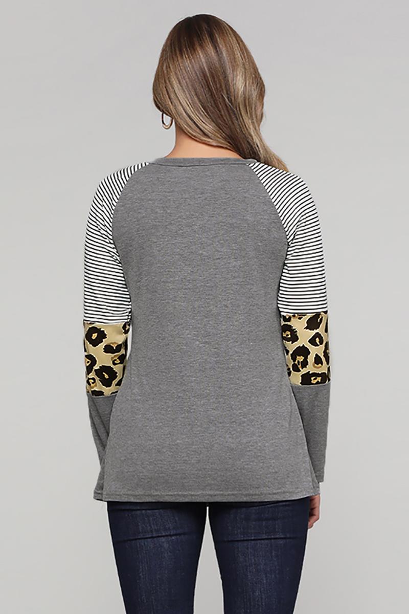 Gray Striped and Leopard Color Block Long Sleeves Top featuring a stylish design with a rounded neckline and playful sleeve patterns.