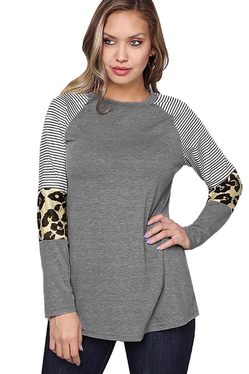 Gray Striped and Leopard Color Block Long Sleeves Top featuring a stylish design with a rounded neckline and playful sleeve patterns.