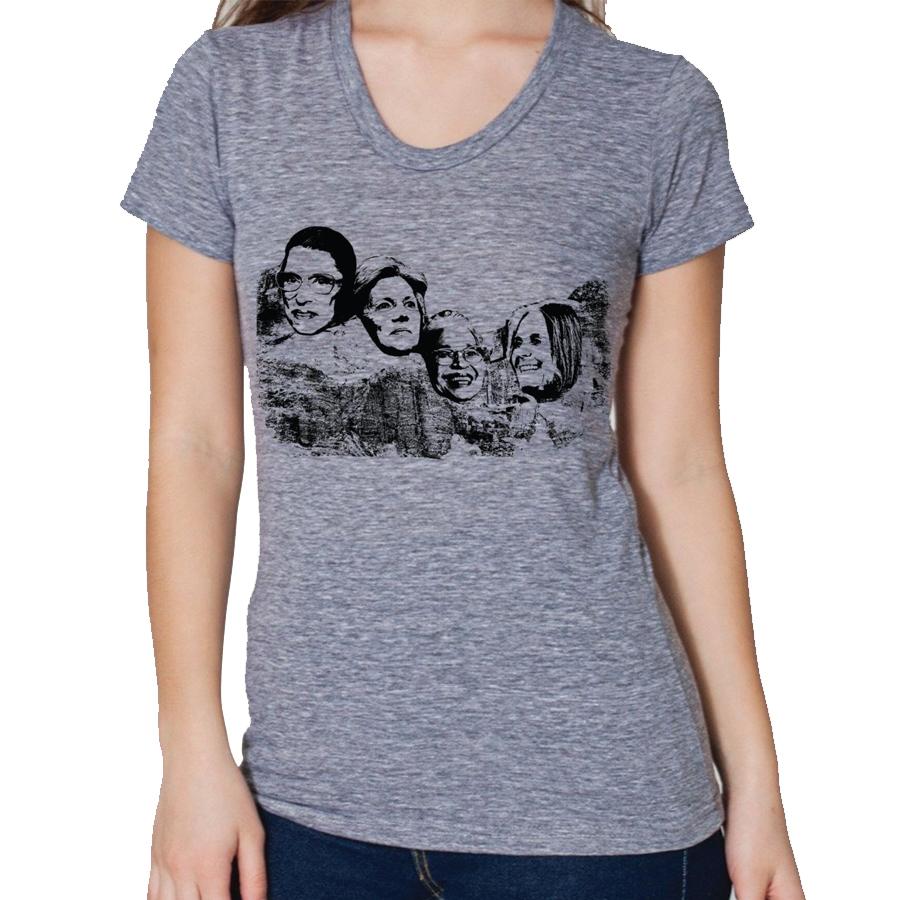 Great American Women on Mt Rushmore shirt featuring Ruth Bader Ginsburg, Elizabeth Warren, Rosa Parks, and Gloria Steinem on a soft cotton fabric.