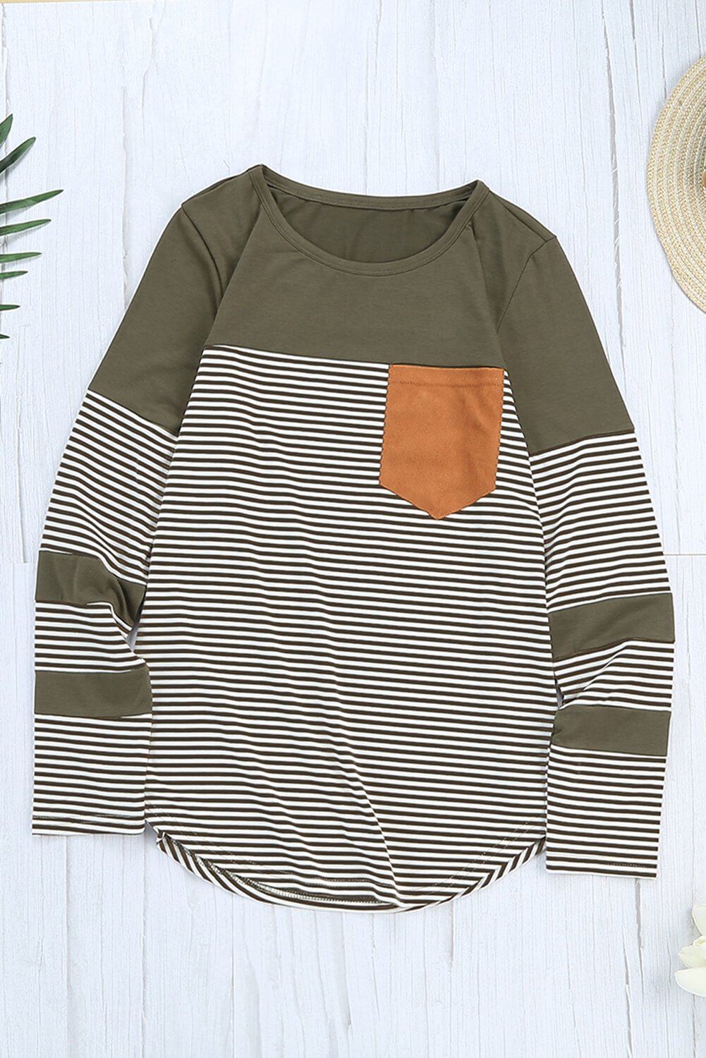 Green pinstripe long sleeve top with patch pocket, featuring a round neckline and stylish design.