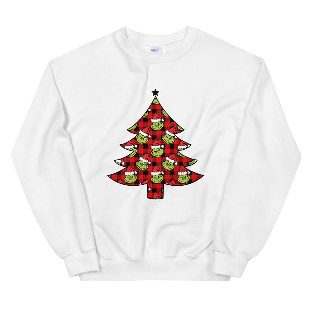 A cozy Grinch Tree Sweatshirt featuring a festive design, perfect for holiday celebrations and casual wear.