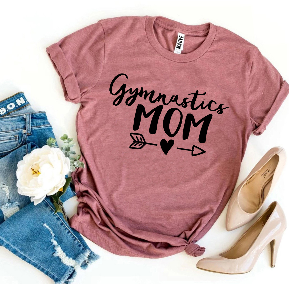 A stylish Gymnastics Mom T-shirt made from premium ring spun cotton, featuring a vibrant flex print design.