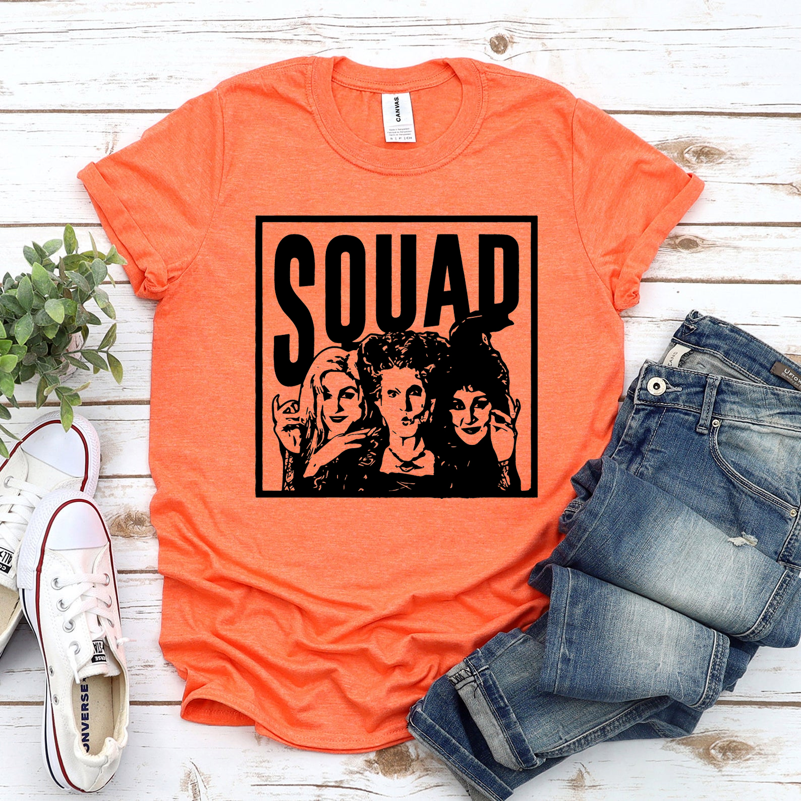 Halloween Squad T-shirt made of premium ring spun cotton, featuring a vibrant flex print design, available in various sizes.