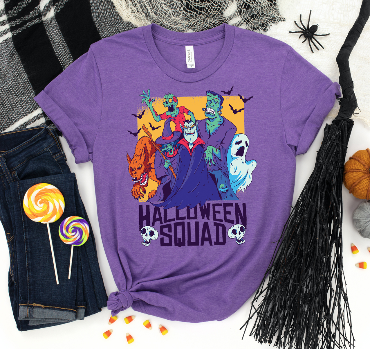 A stylish unisex Halloween Squad T-shirt made from soft airlume cotton, featuring a classic design suitable for all ages.