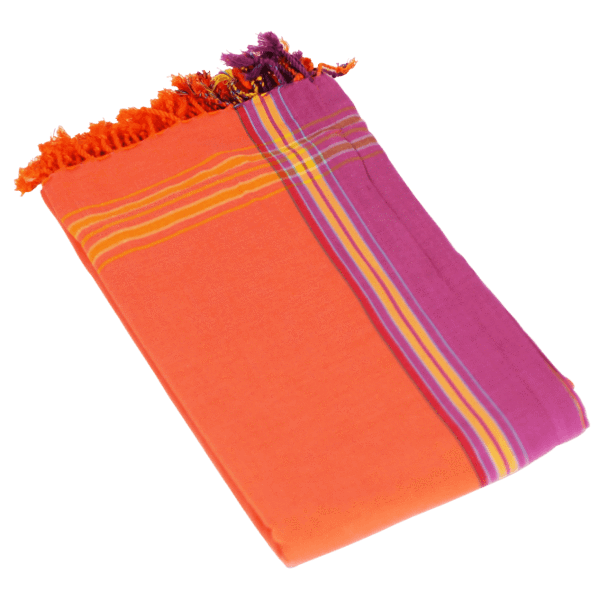 Folded orange and purple towel.