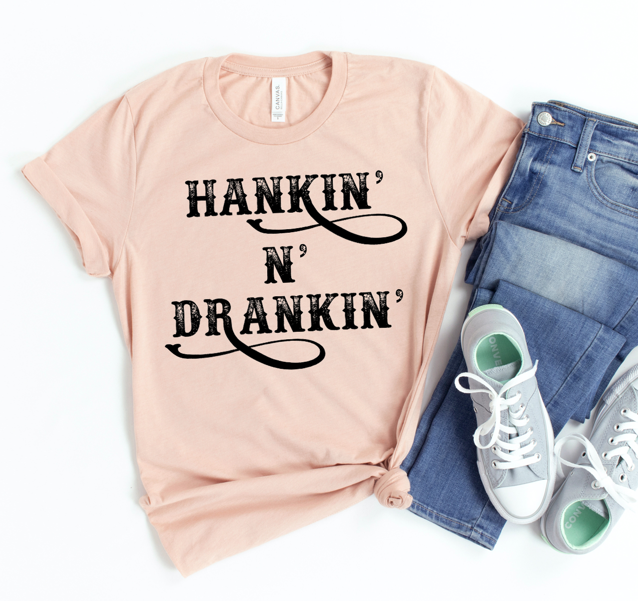 Hankin & Drankin T-shirt displayed on a mannequin, showcasing its classic unisex design and soft fabric.