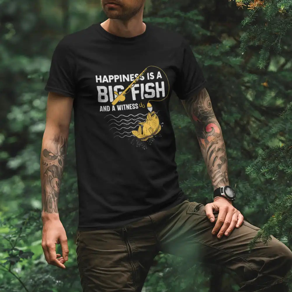 Happiness Is A Big Fish Man T-Shirt featuring a playful design, made from 100% ringspun cotton, perfect for casual wear.