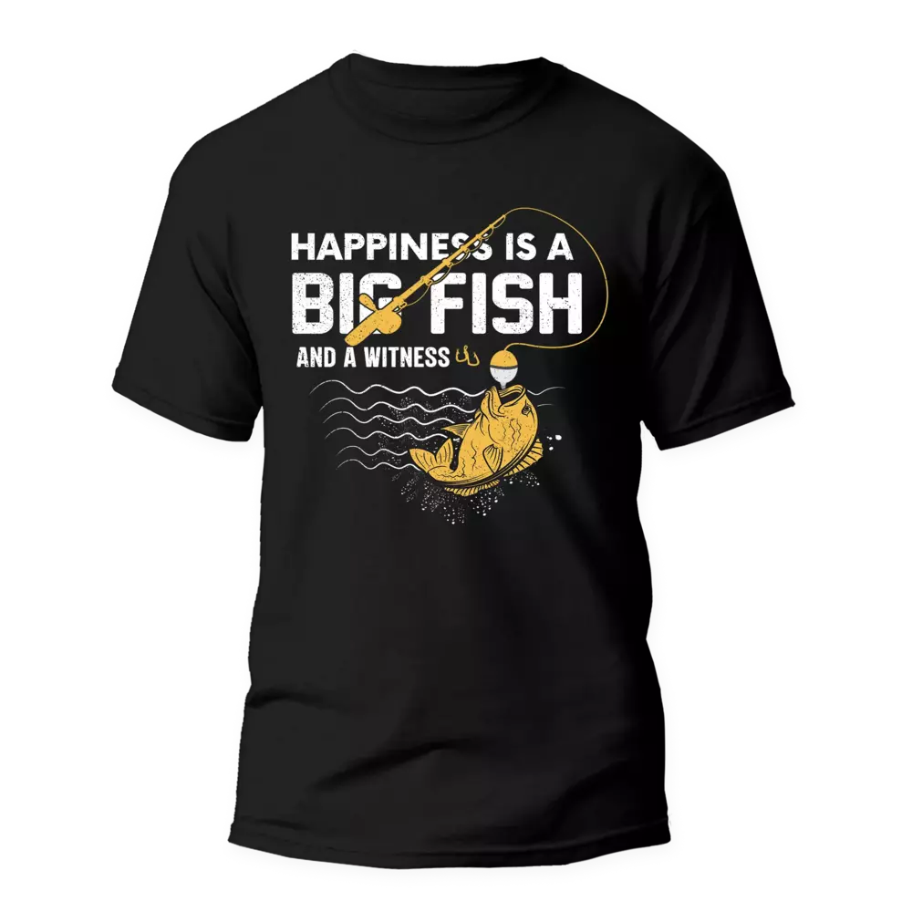 Happiness Is A Big Fish Man T-Shirt featuring a playful design, made from 100% ringspun cotton, perfect for casual wear.