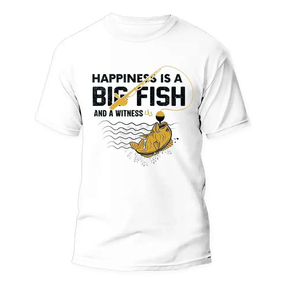 Happiness Is A Big Fish Man T-Shirt featuring a playful design, made from 100% ringspun cotton, perfect for casual wear.