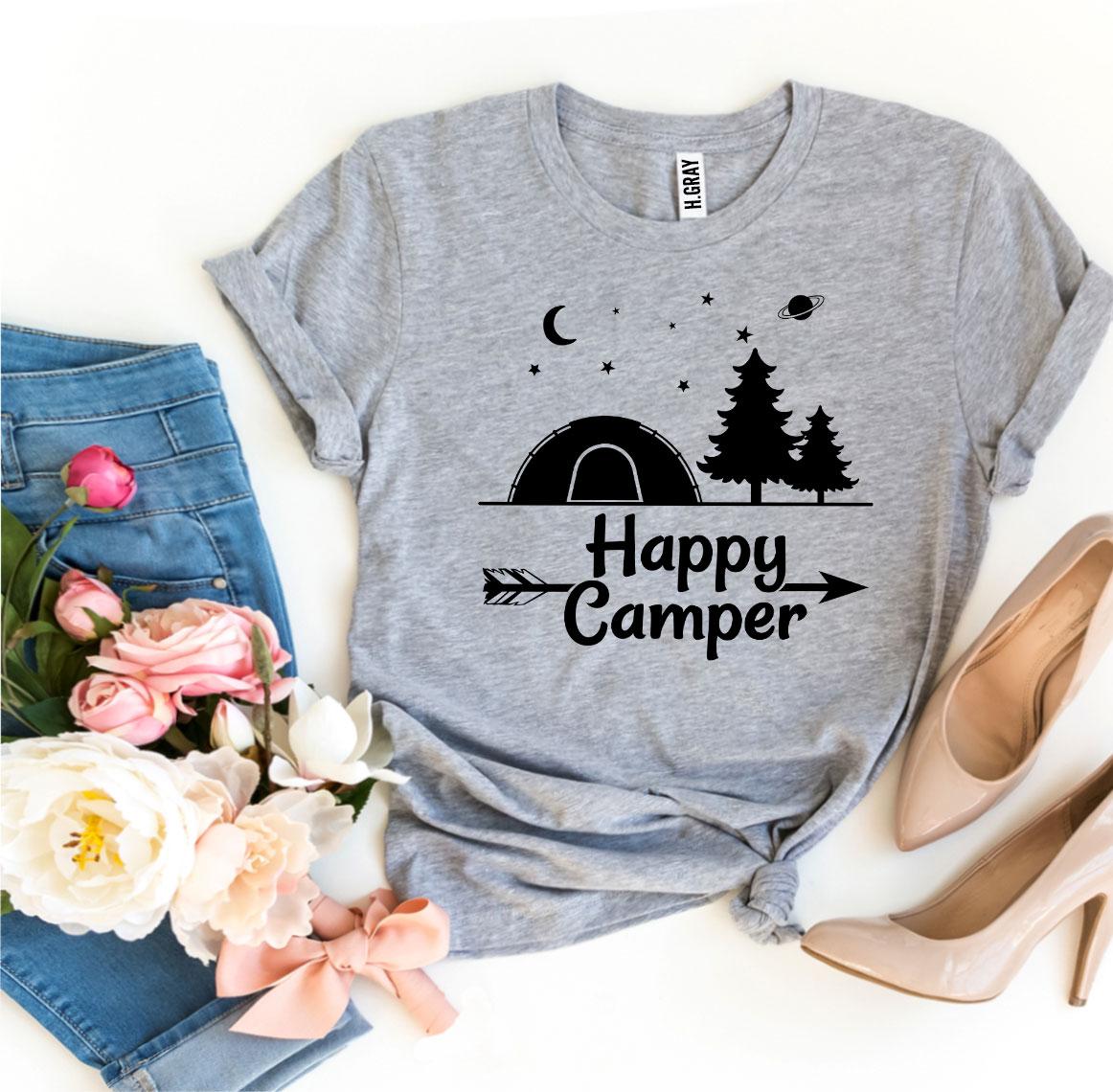 Happy Camper T-shirt made of premium ring spun cotton with a soft textile flex print, available in various sizes.