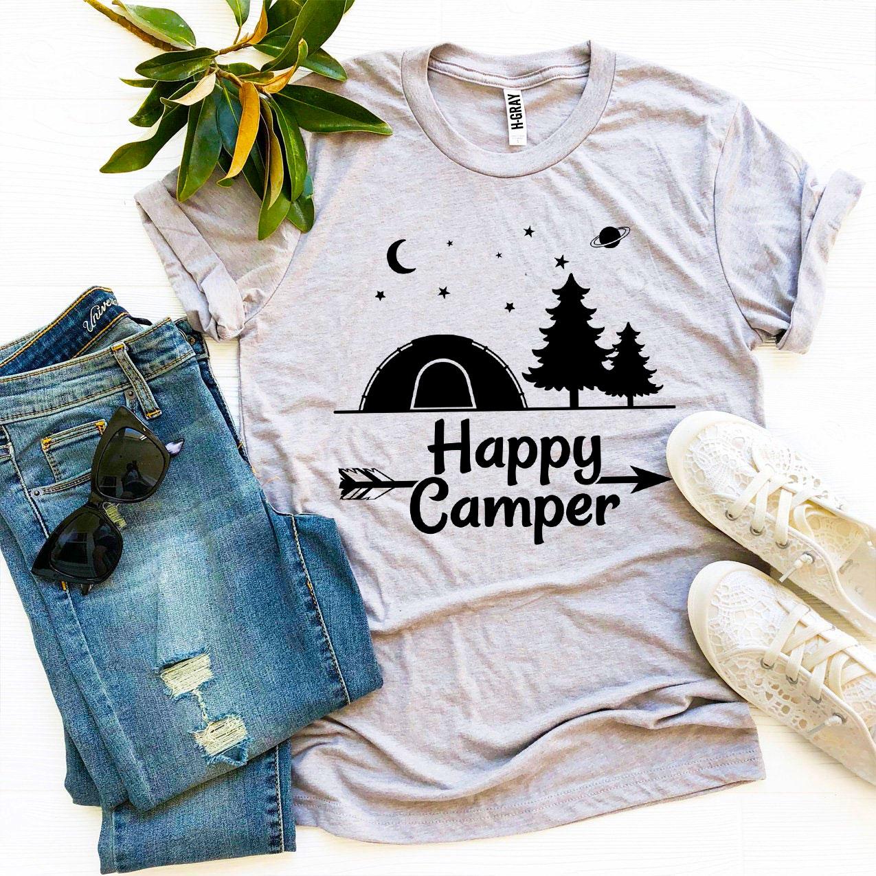 Happy Camper T-shirt made of premium ring spun cotton with a soft textile flex print, available in various sizes.