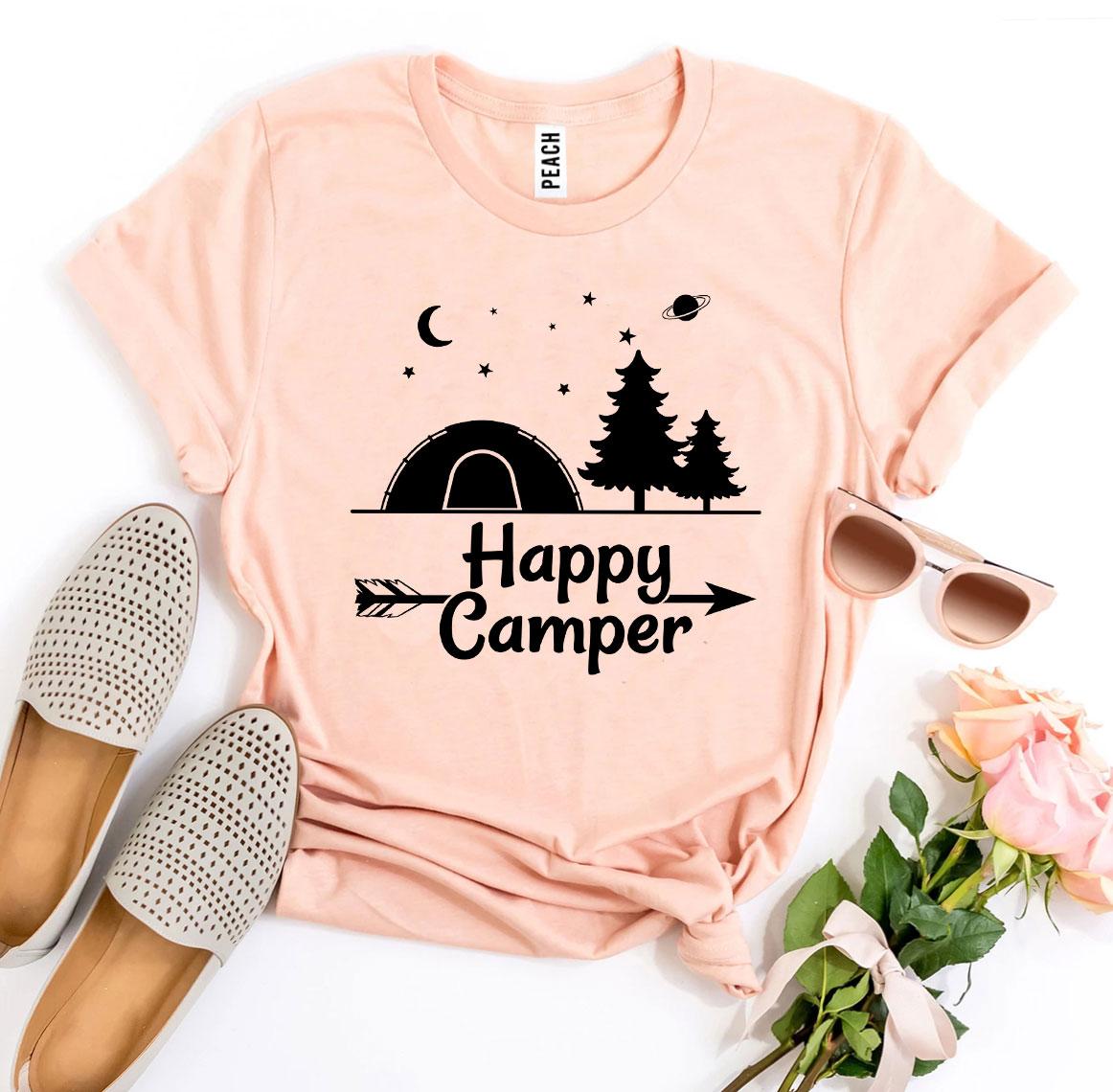 Happy Camper T-shirt made of premium ring spun cotton with a soft textile flex print, available in various sizes.