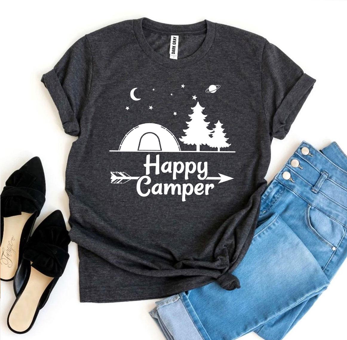 Happy Camper T-shirt made of premium ring spun cotton with a soft textile flex print, available in various sizes.