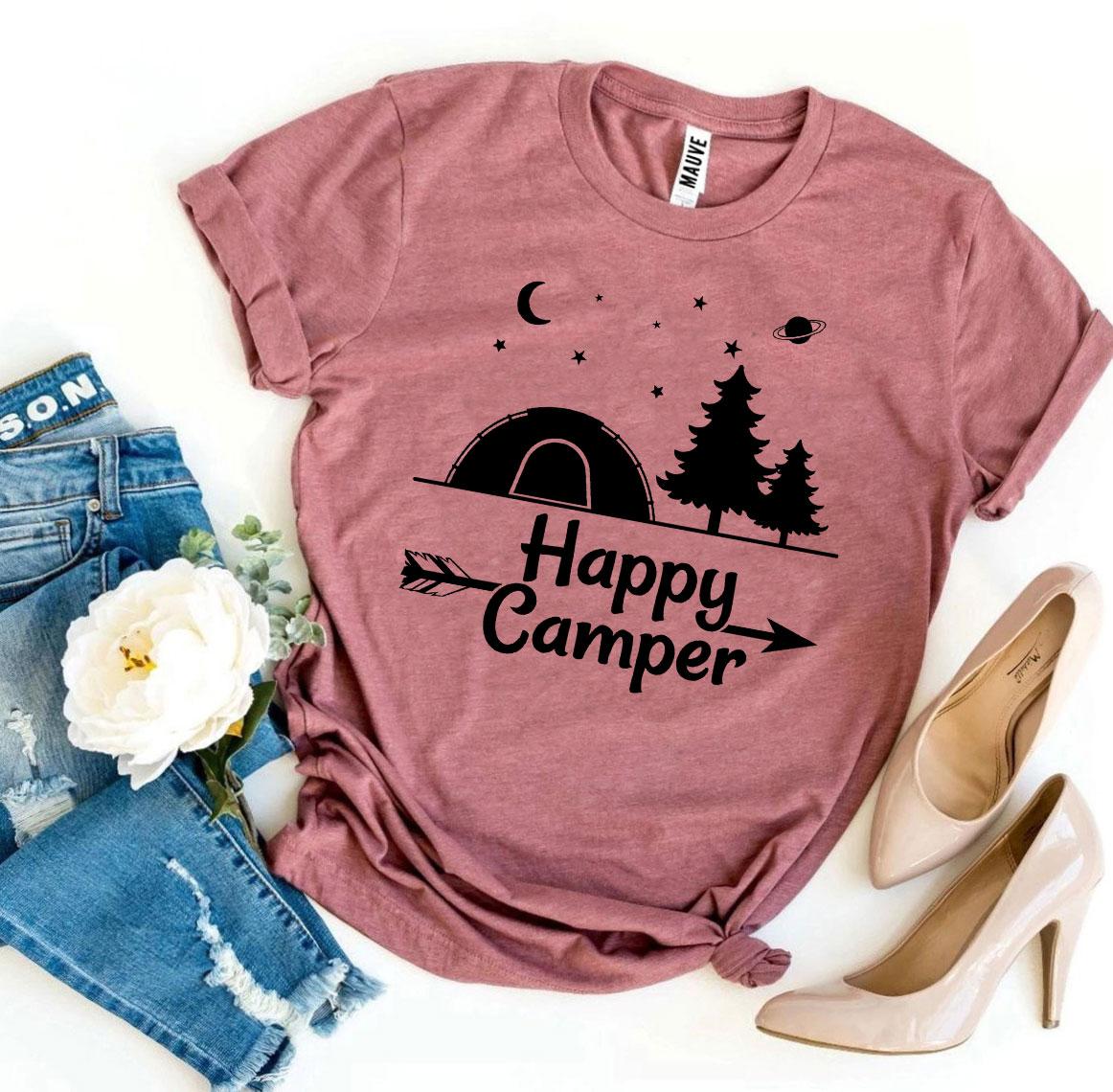 Happy Camper T-shirt made of premium ring spun cotton with a soft textile flex print, available in various sizes.