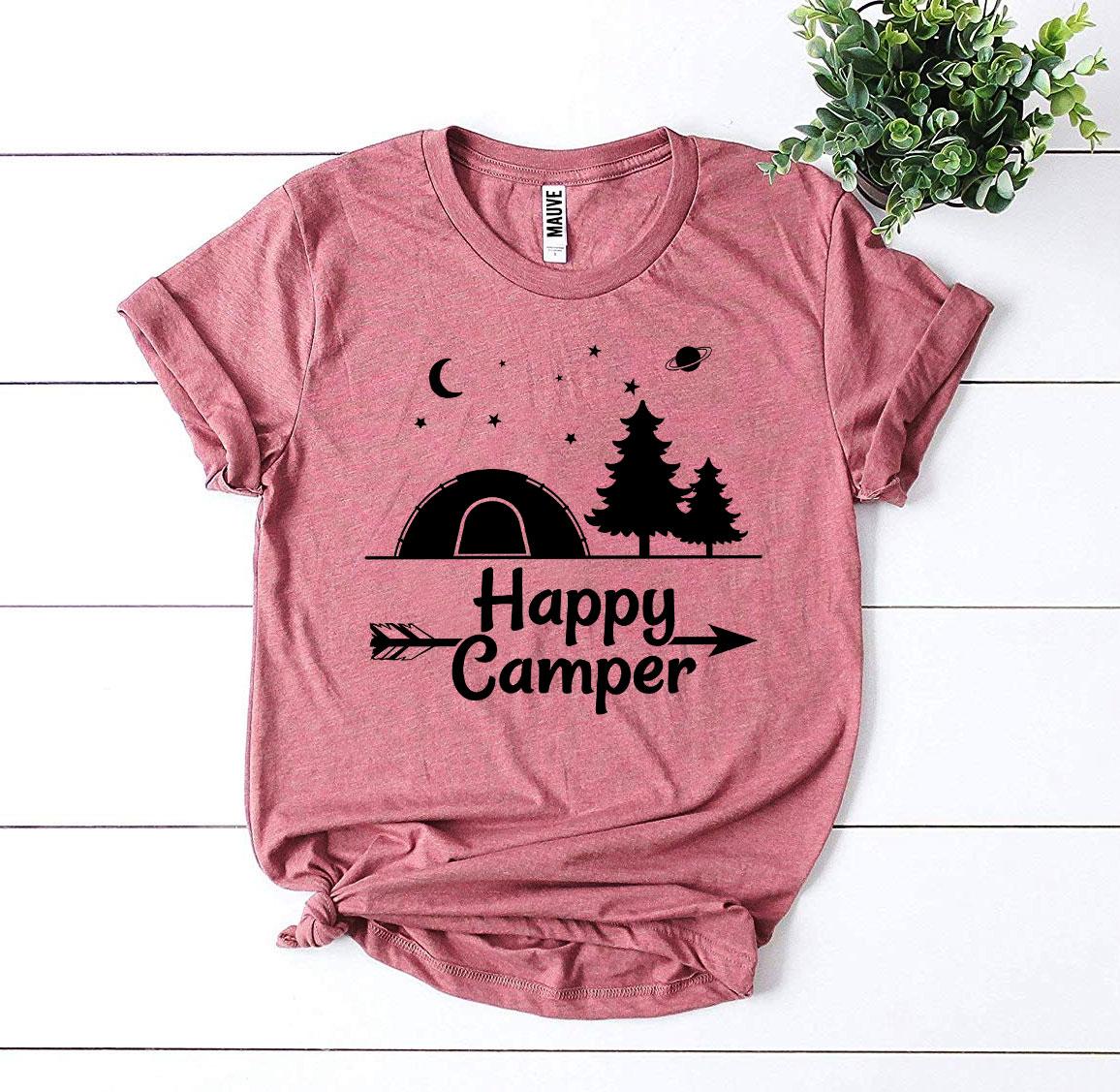 Happy Camper T-shirt made of premium ring spun cotton with a soft textile flex print, available in various sizes.