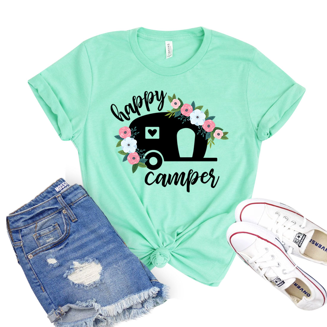 Happy Camper T-shirt in a vibrant color, showcasing its unisex design and soft fabric.