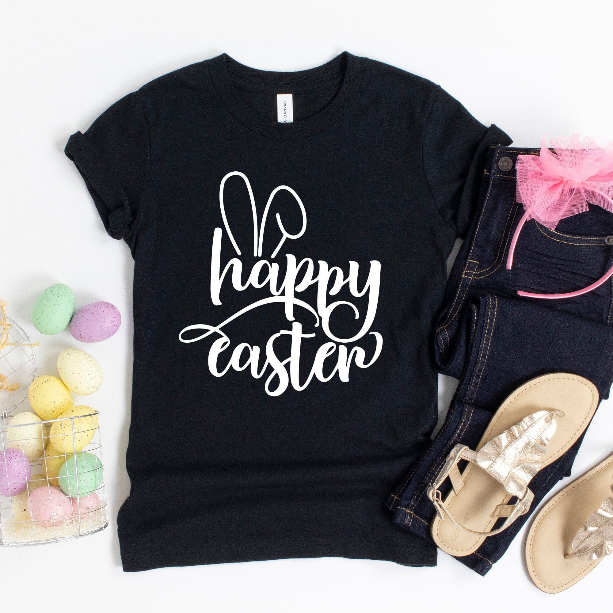 Happy Easter Bunny Ears T-Shirt featuring a cute bunny ears design, made from soft Ringspun Cotton fabric.