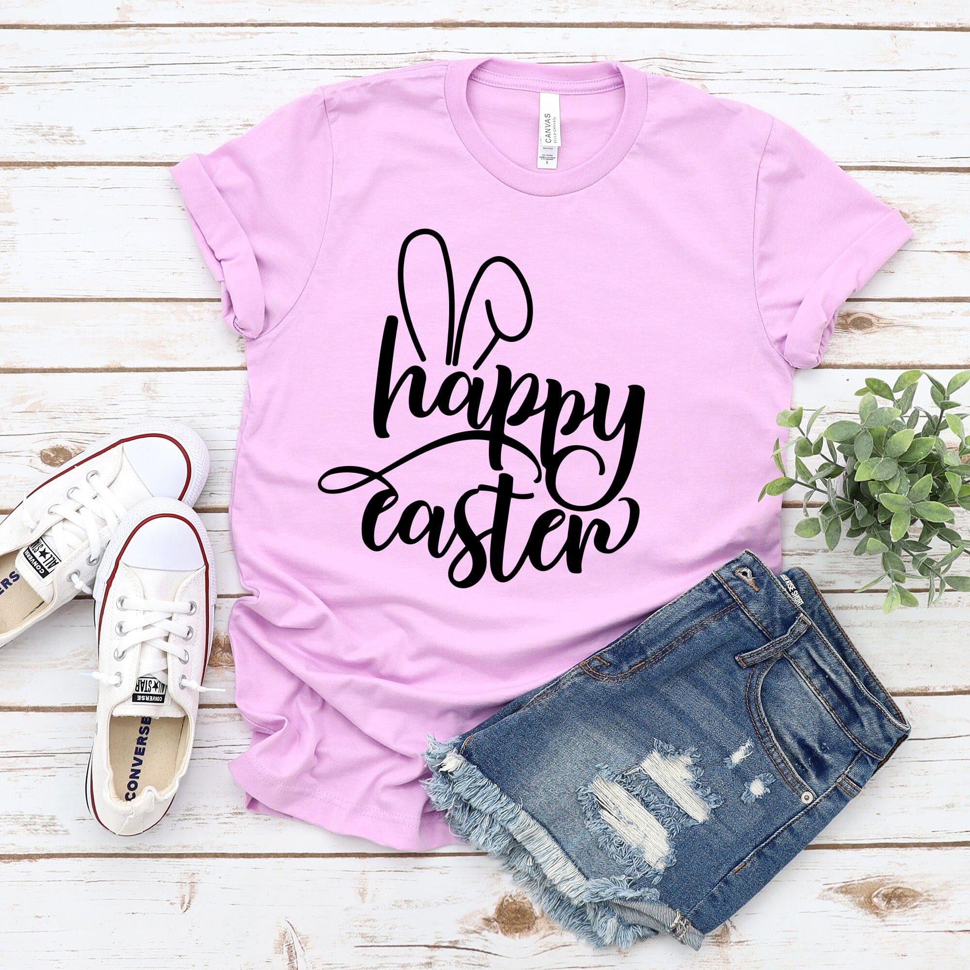 Happy Easter Bunny Ears T-Shirt featuring a cute bunny ears design, made from soft Ringspun Cotton fabric.