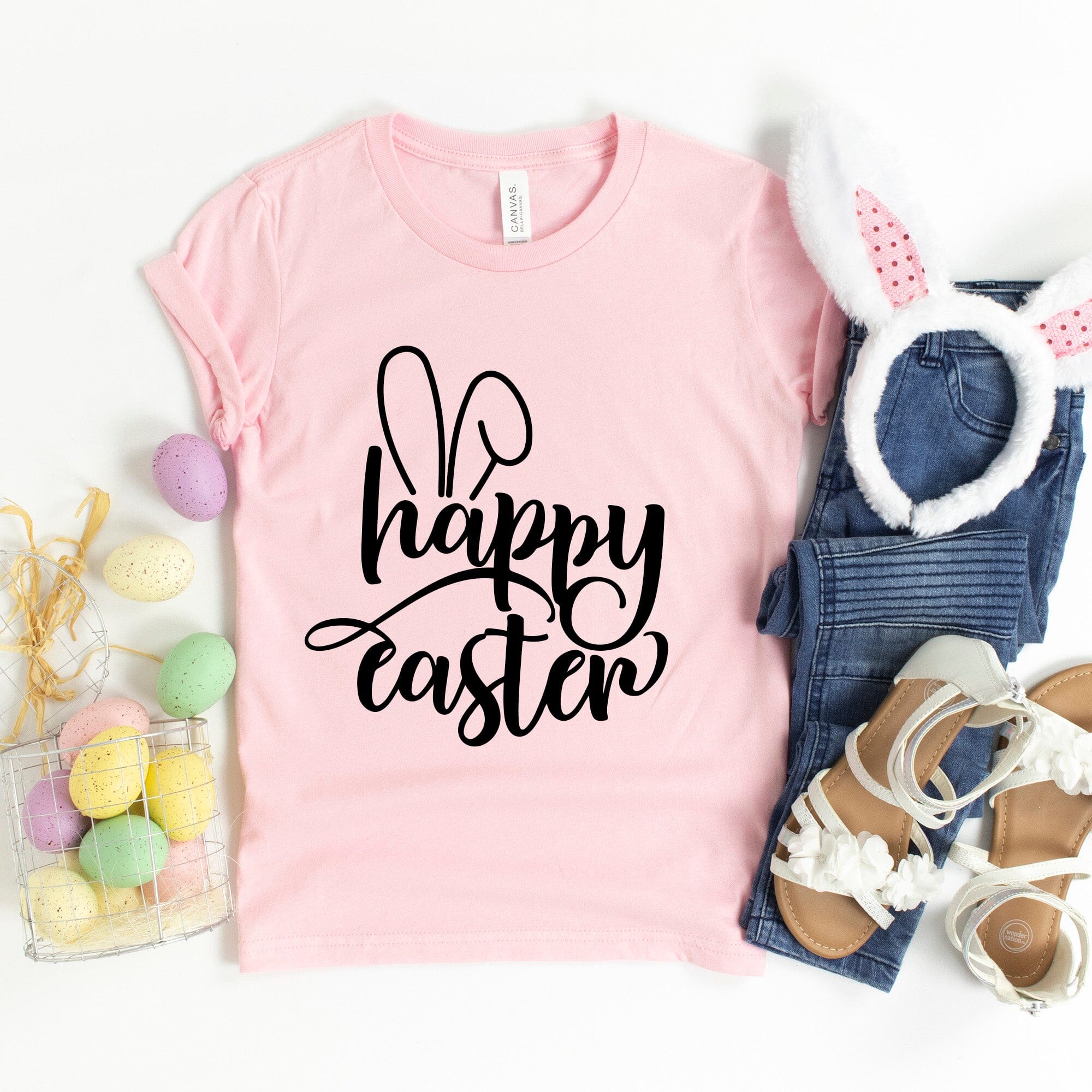 Happy Easter Bunny Ears T-Shirt featuring a cute bunny ears design, made from soft Ringspun Cotton fabric.